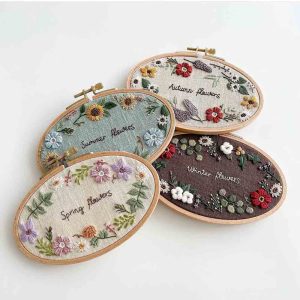 Seasonal Symphony: Hand-Embroidered Floral Quadriptych
