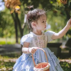 Handcrafted Light Blue Baby Dress, Hand Emroidery Toddler Birthday Party Outfit 1