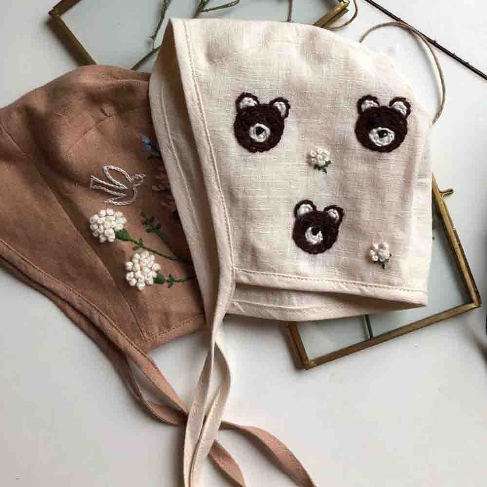 Linen Handmade Baby Sun Bonnet with Bear Hand Embroidered 3