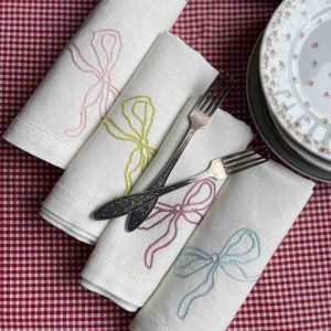 Hand-Embroidered Linen Napkin Set of 4 - White with Delicate Multicolored Bow Embroidery 4
