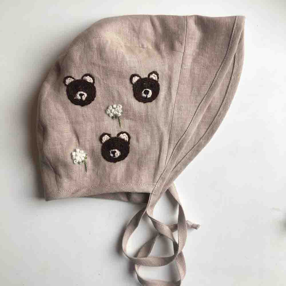 Linen Handmade Baby Sun Bonnet with Bear Hand Embroidered 4