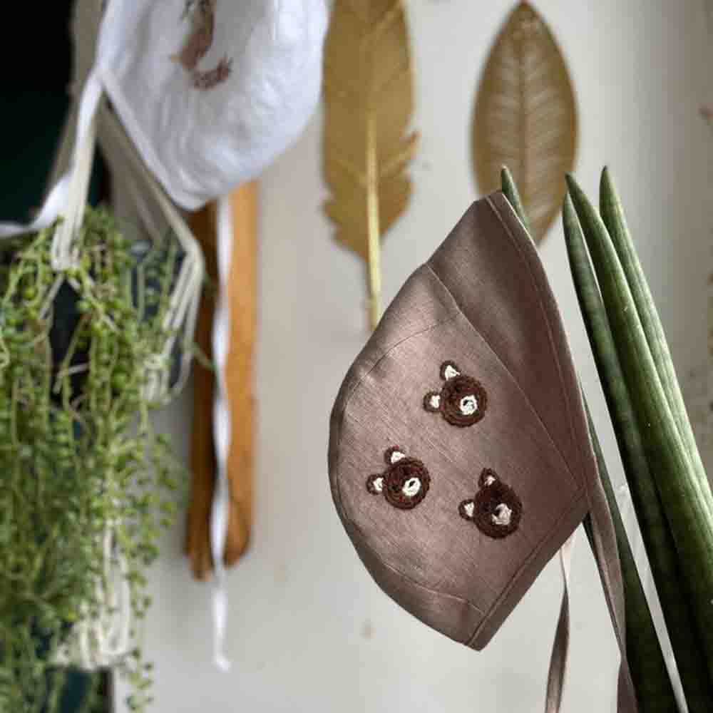 Linen Handmade Baby Sun Bonnet with Bear Hand Embroidered 5