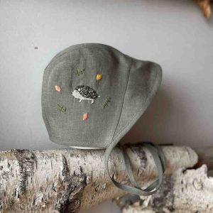 Handmade Linen Baby Bonnet with Hedgehog and Baby Name Embroidery 1