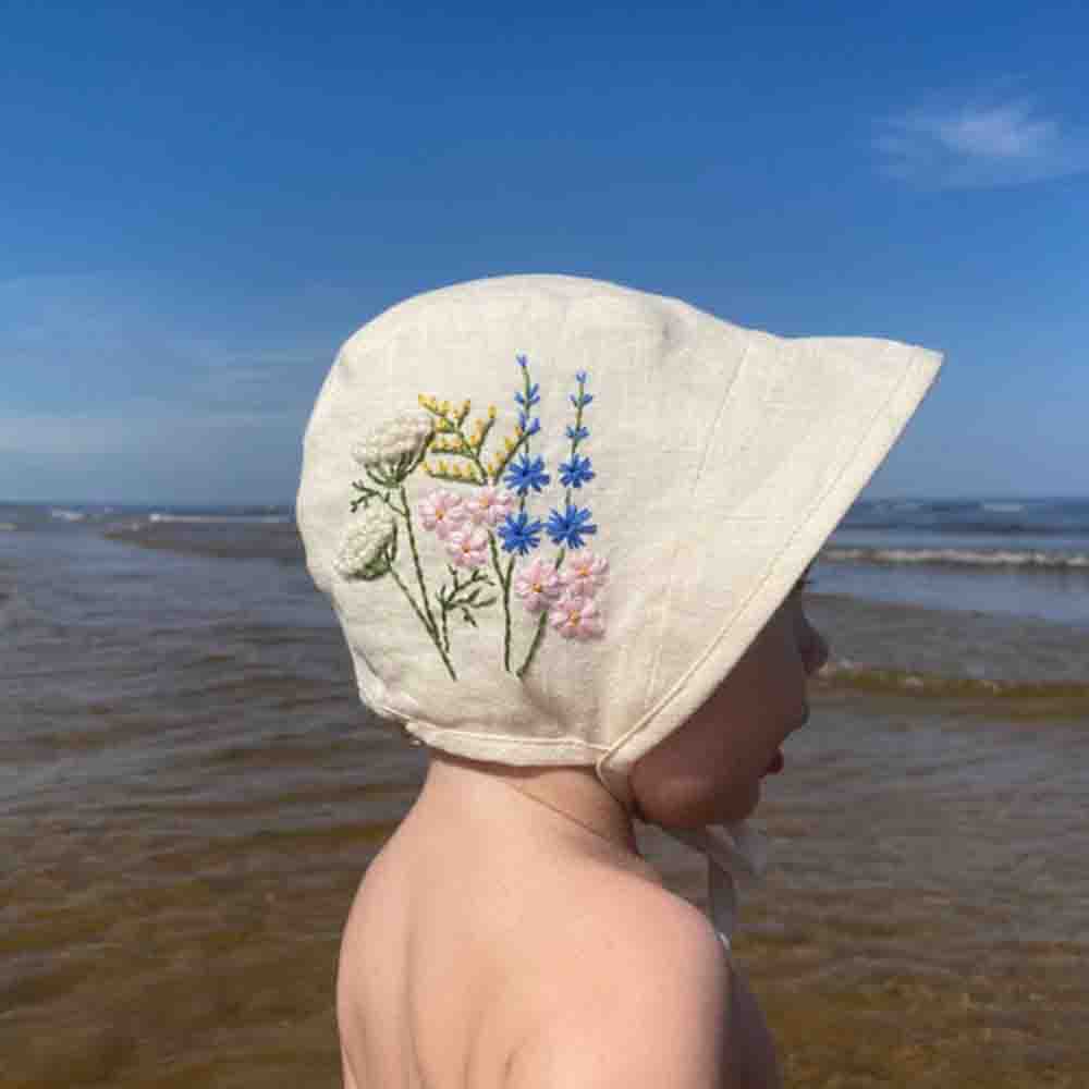 Personalized Hand Embroidered Linen Baby Bonnet With Flowers 2