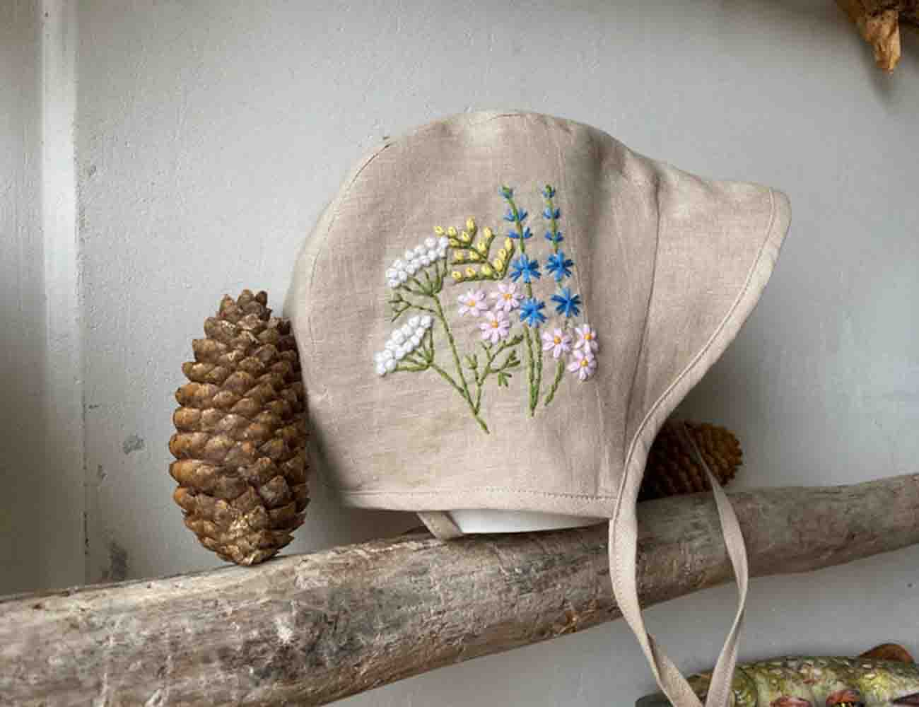 Personalized Hand Embroidered Linen Baby Bonnet With Flowers 4