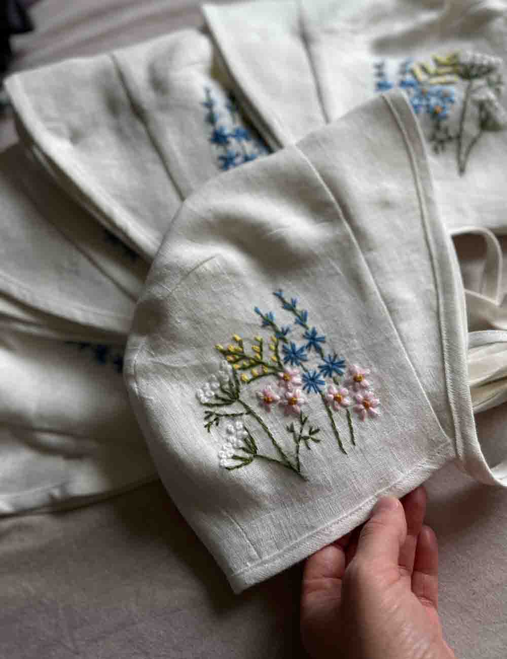 Personalized Hand Embroidered Linen Baby Bonnet With Flowers 6