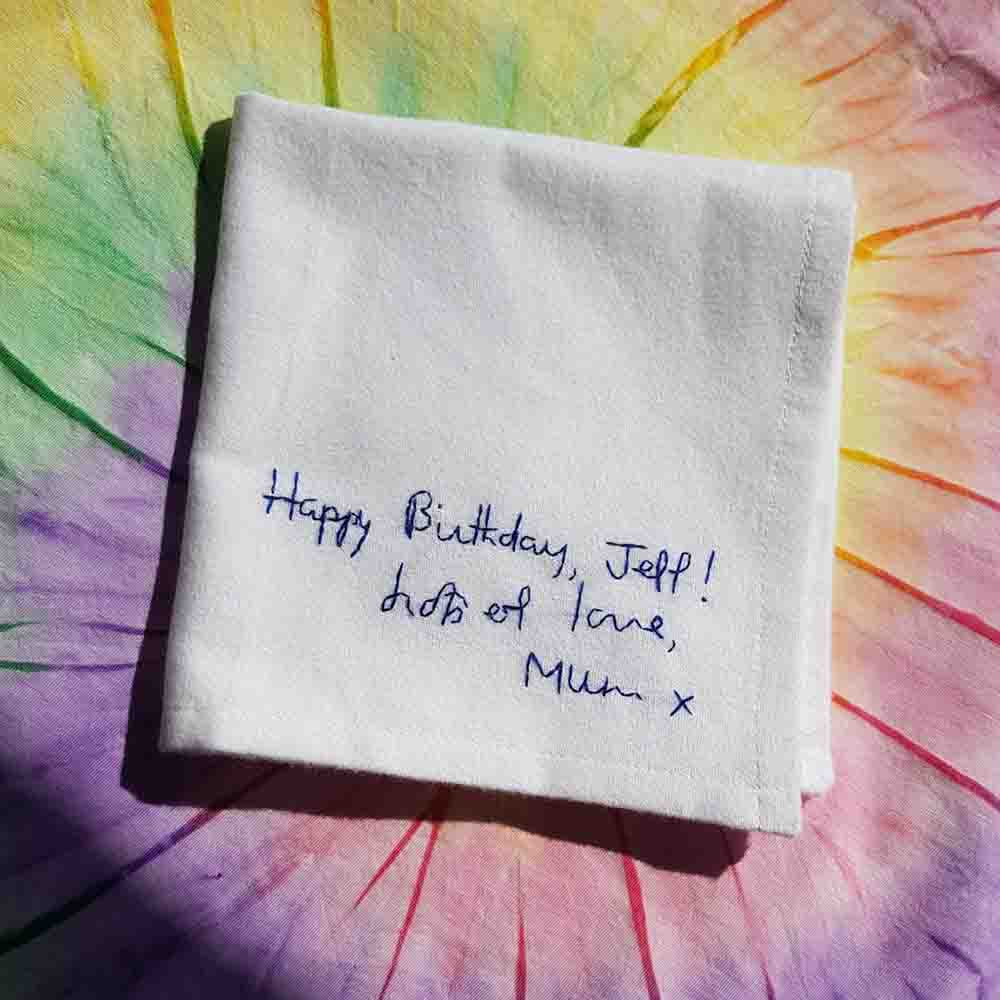actual handwriting organic cotton hanky white hand embroidered personalised handwritten message handkerchief 2
