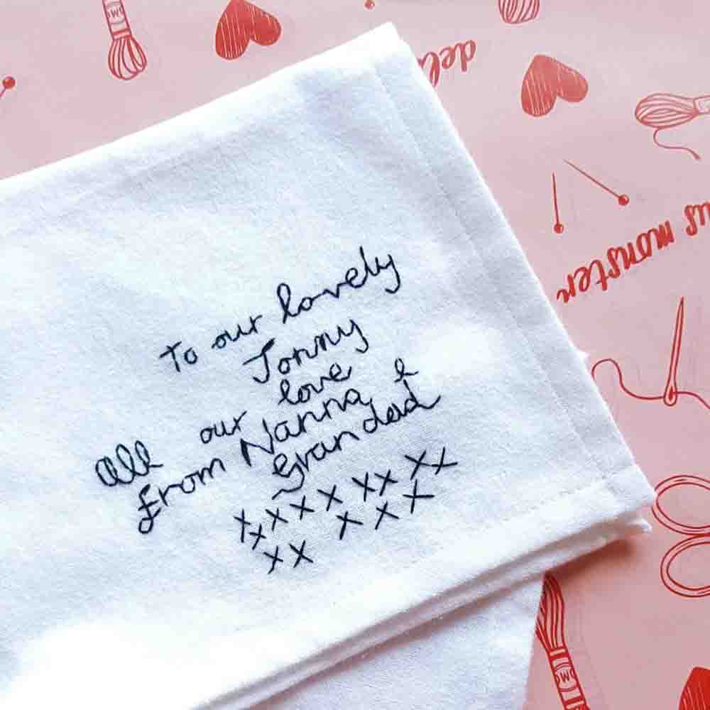 actual handwriting organic cotton hanky white hand embroidered personalised handwritten message handkerchief 3
