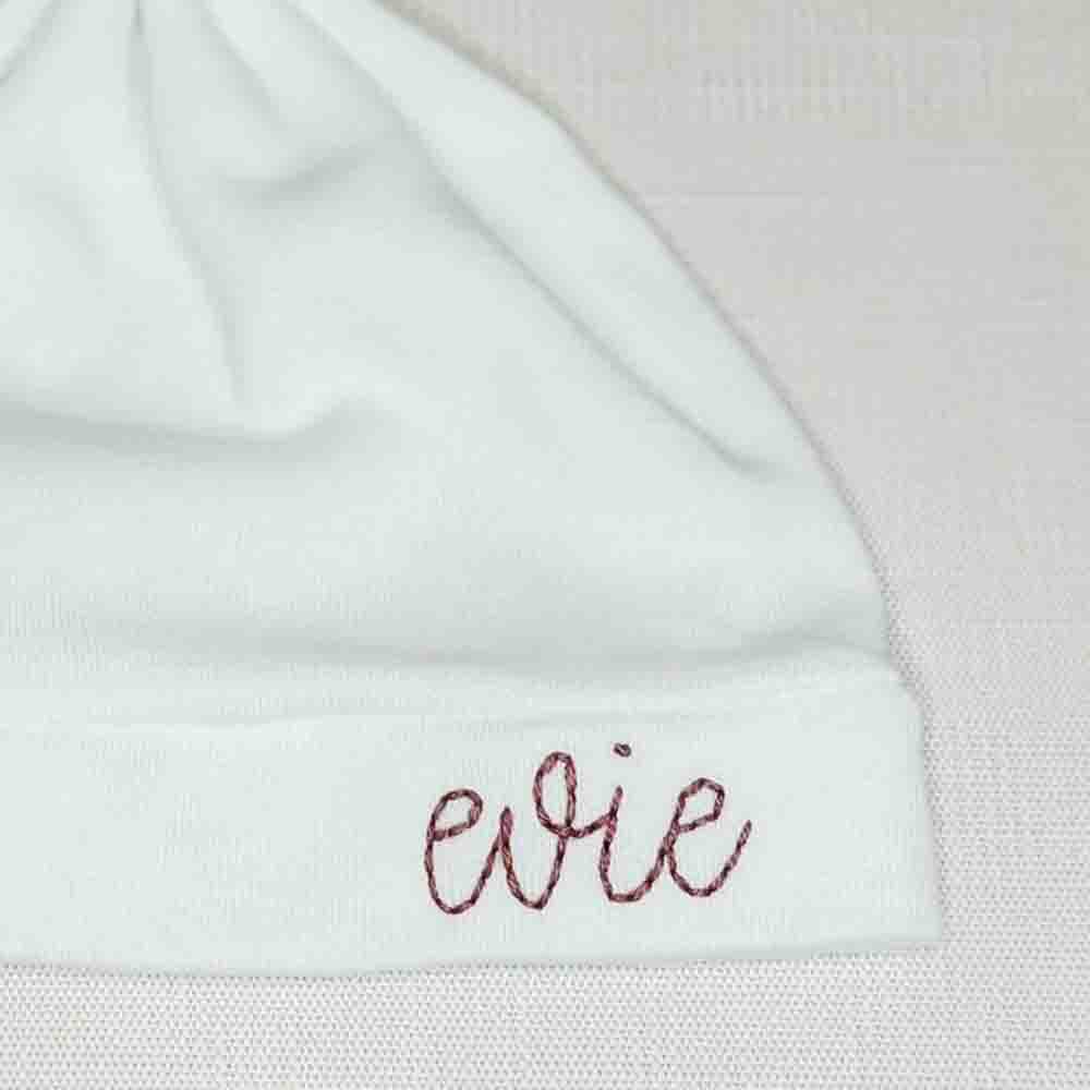 "Pure Bliss" Personalized White Embroidered Baby Bonnet 5