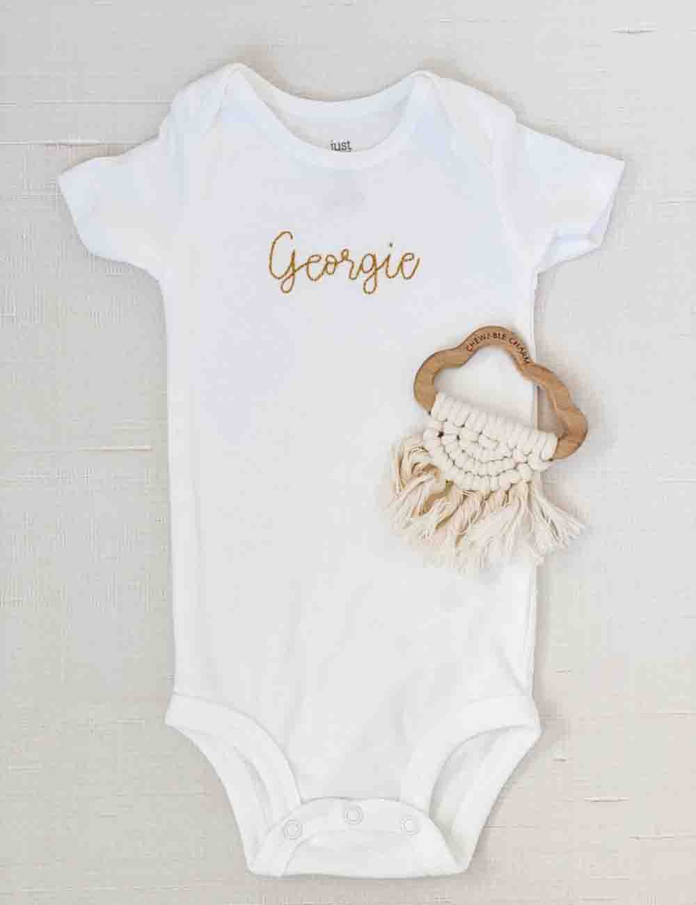 "Pure Bliss" Personalized White Embroidered Baby Onesie 4