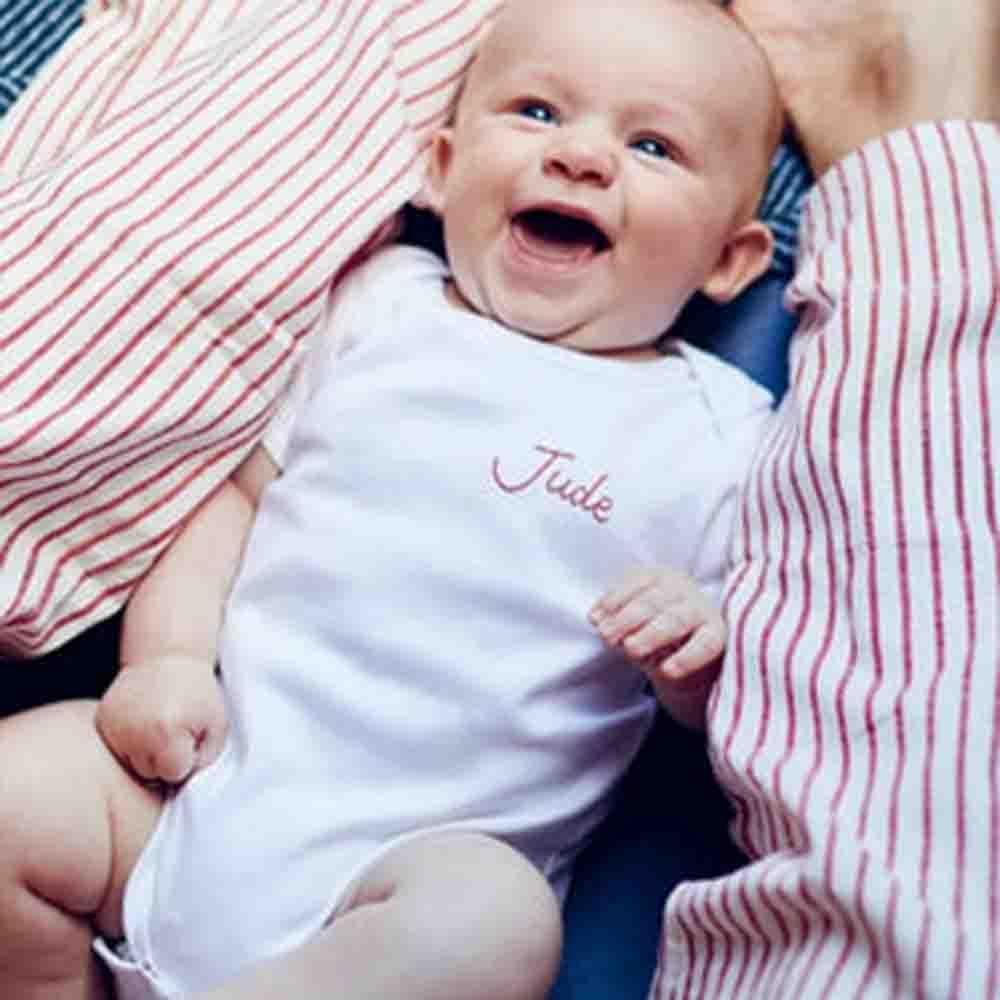 "Pure Bliss" Personalized White Embroidered Baby Onesie 6