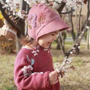 Personalized Hand Embroidered Baby Bonnet with Linen and Botanical Design 1