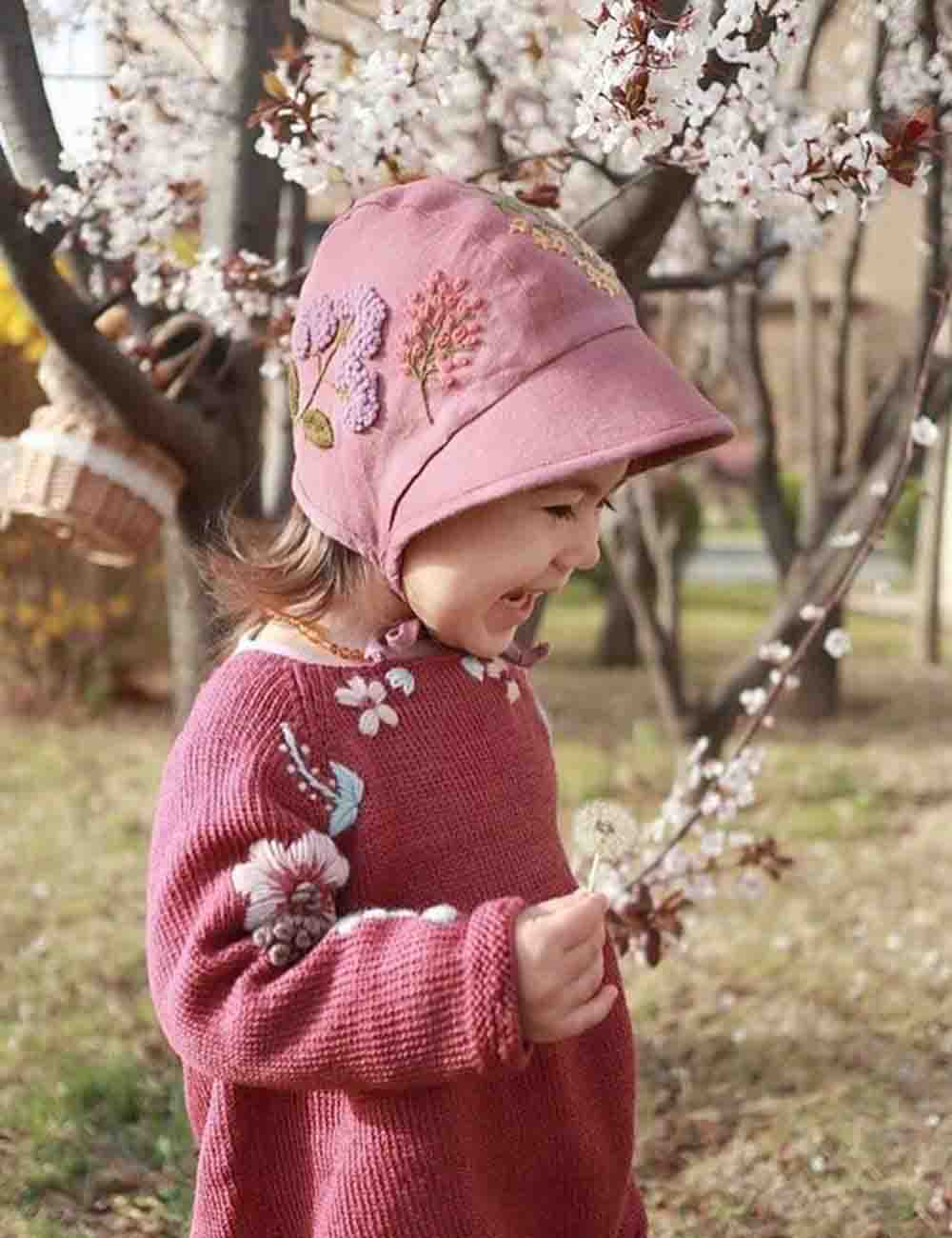 Personalized Hand Embroidered Baby Bonnet with Linen and Botanical Design 1