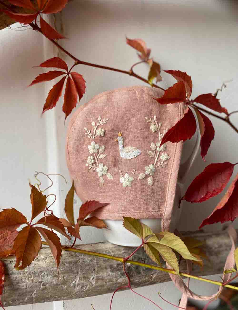 Personalized Handmade Linen Baby Sun Bonnet with Little Swan 9