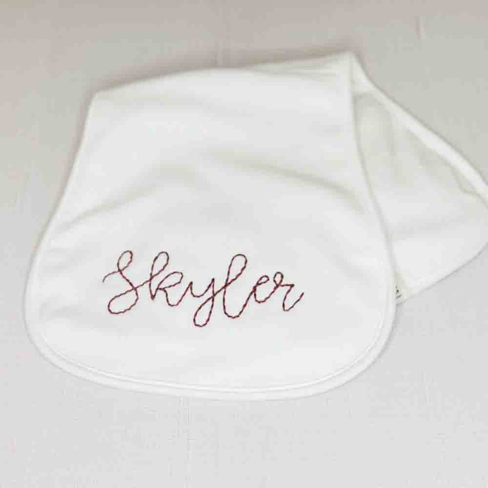 "Pure Bliss" Personalized White Embroidered Baby Burp Cloth 1