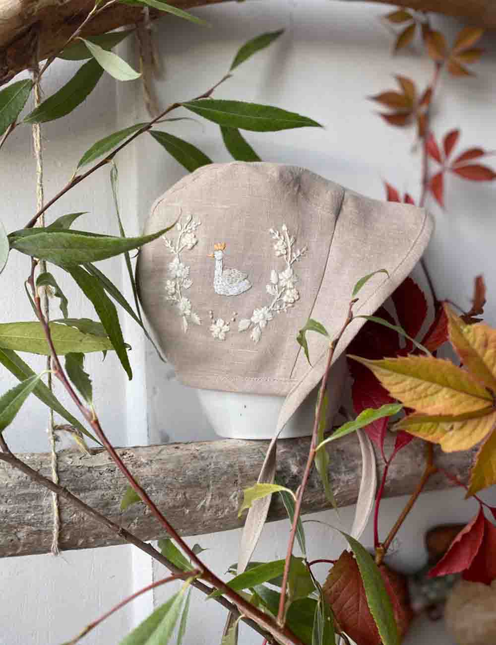 Personalized Handmade Linen Baby Sun Bonnet with Little Swan 6