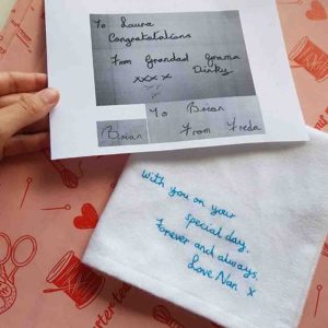 organic cotton sew inpatch for wedding dress hand embroidered personalised hand written message 4