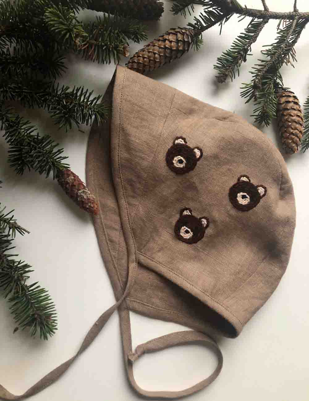handmade baby bonnet with bear 1